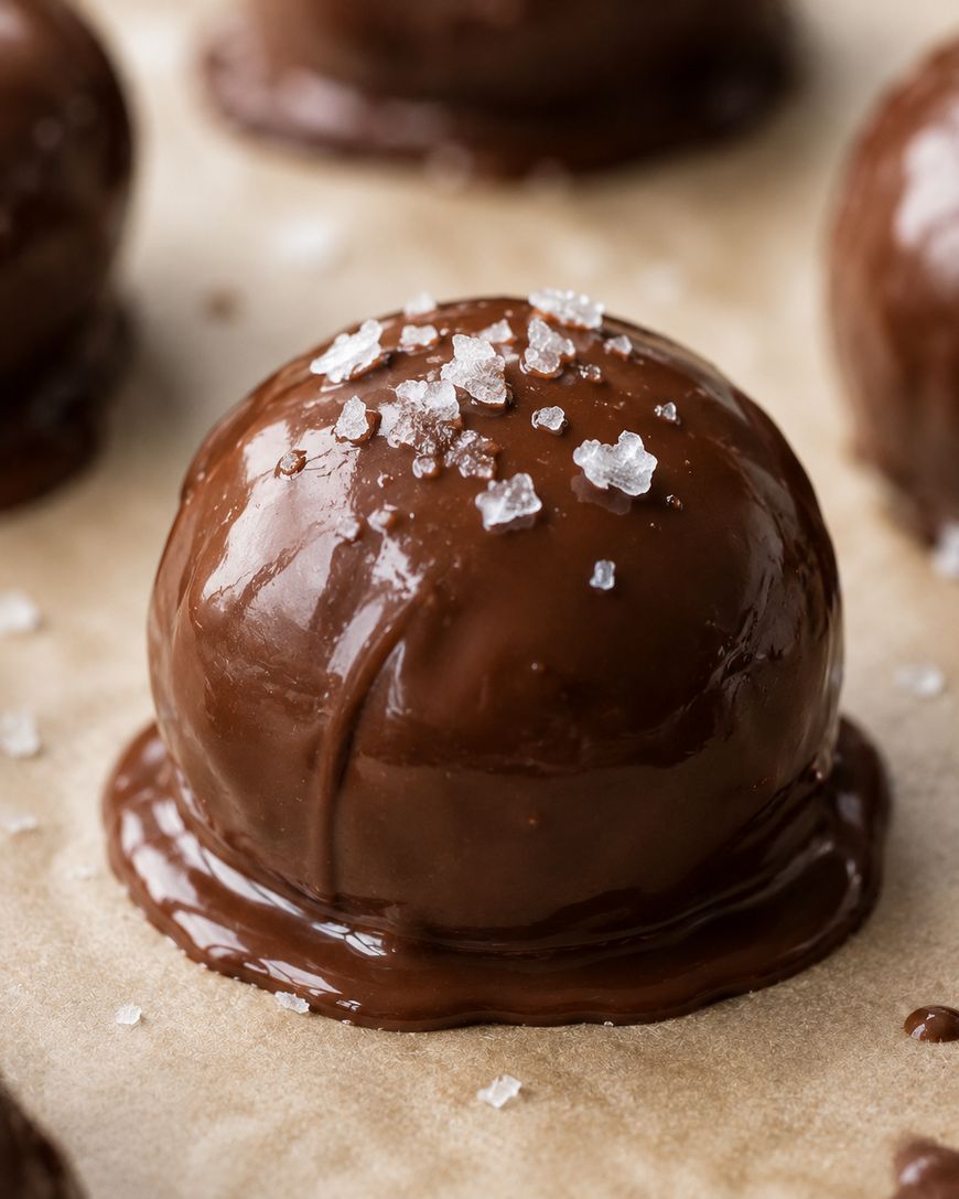 A close-up of a chocolate truffle topped with flaky sea salt, resting on parchment paper with melted chocolate pooling at the base.