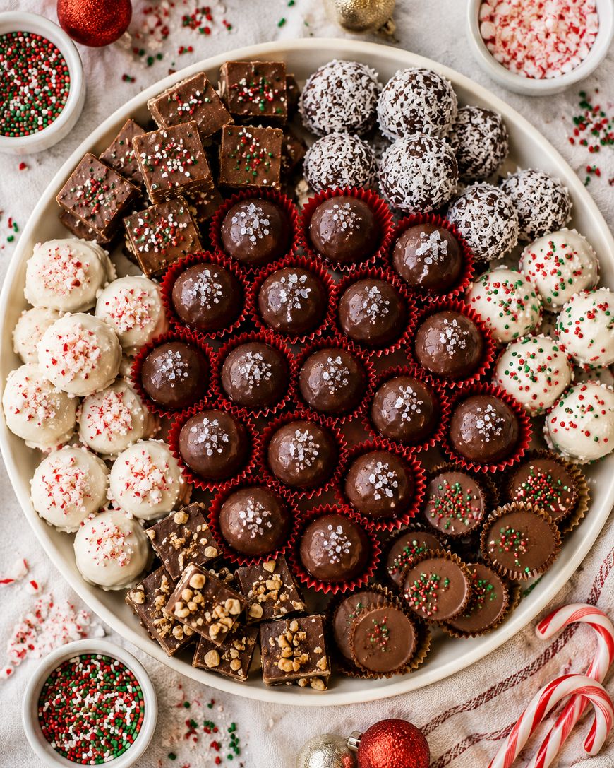 A round platter filled with assorted holiday chocolates, truffles, and fudge, decorated with festive red, green, and white sprinkles. Surrounding the platter are bowls of sprinkles and candy canes on a white cloth.