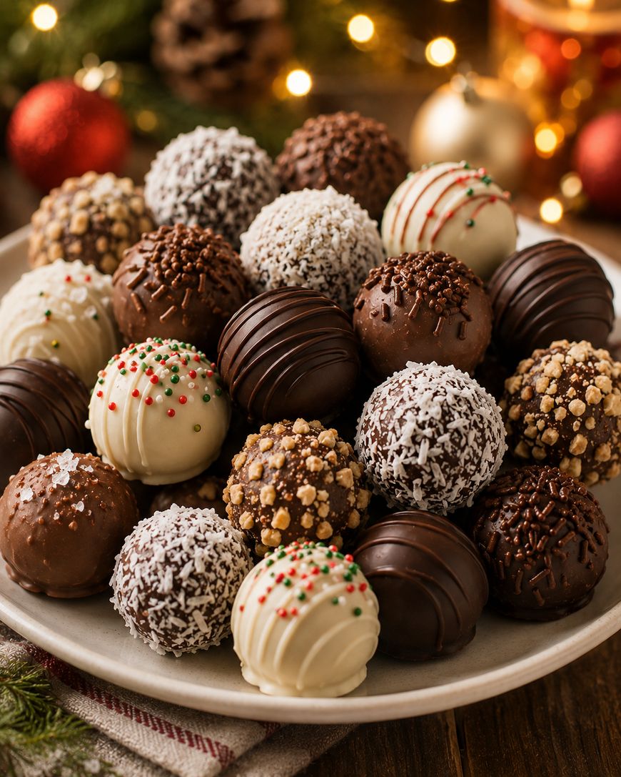 A plate filled with assorted chocolate truffles, decorated with sprinkles, coconut flakes, and chocolate drizzle, sits on a festive wooden table with holiday ornaments and blurred lights in the background.