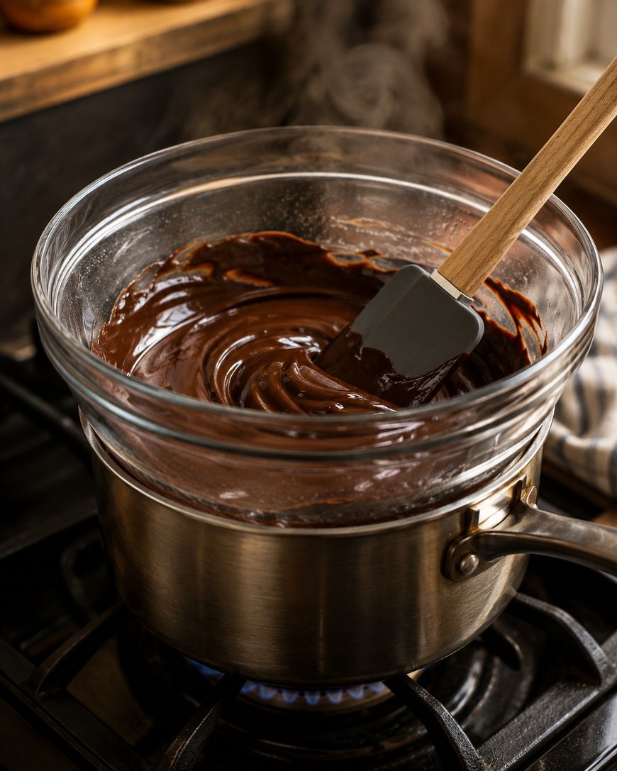 A glass bowl with melted chocolate being stirred by a spatula sits over a pot of simmering water on a stovetop, creating a double boiler for gentle heating. Steam rises from the pot.