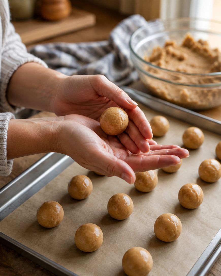 Hands shaping a ball of cookie dough over a baking sheet lined with parchment paper, with rows of dough balls ready to bake and a glass bowl of dough in the background.