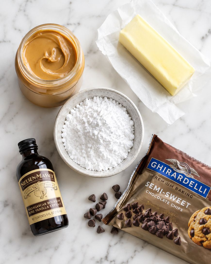 A jar of peanut butter, a stick of butter on parchment, a bowl of powdered sugar, a bottle of vanilla extract, and a bag of Ghirardelli semi-sweet chocolate chips with some chips scattered nearby.