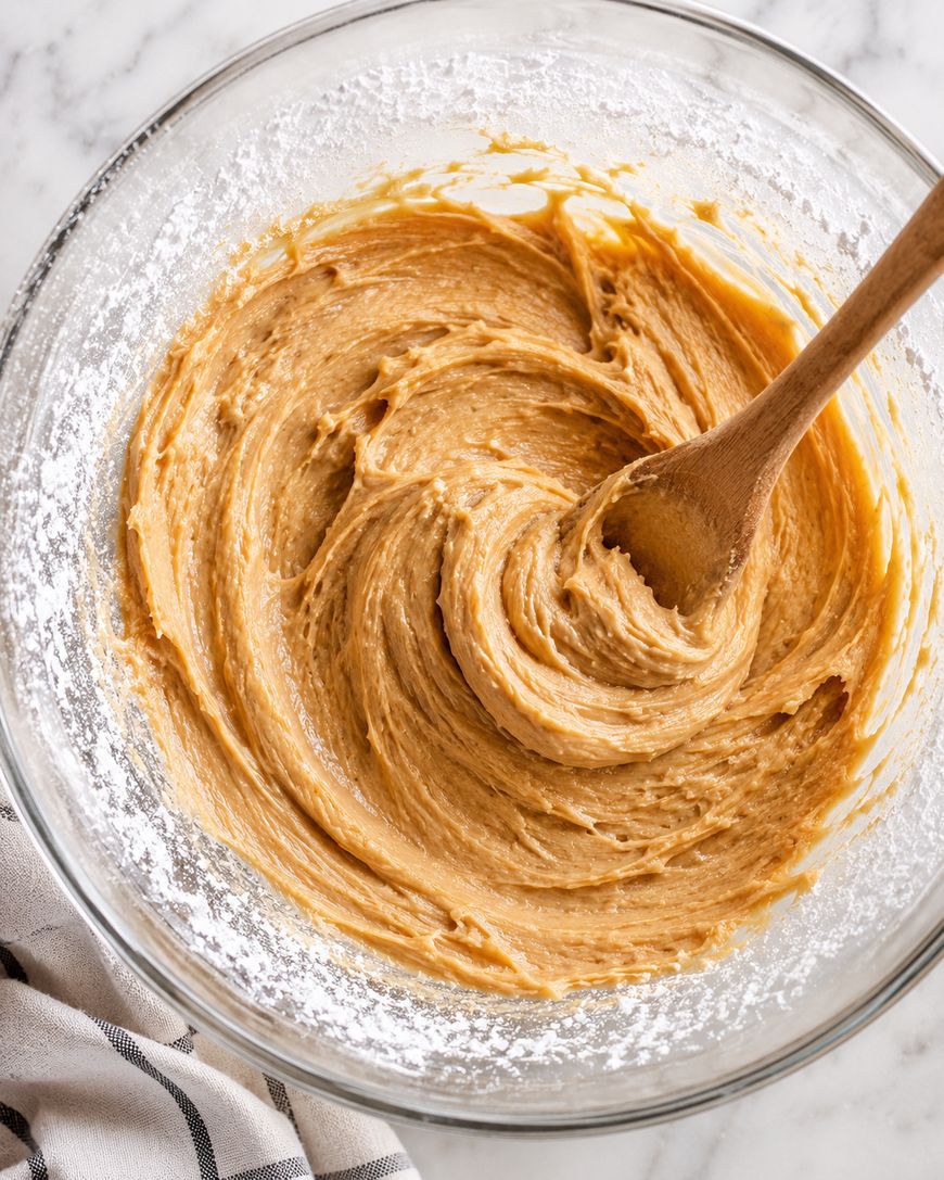 A glass bowl filled with creamy cookie dough being stirred with a wooden spoon, sitting on a marble surface next to a striped kitchen towel.