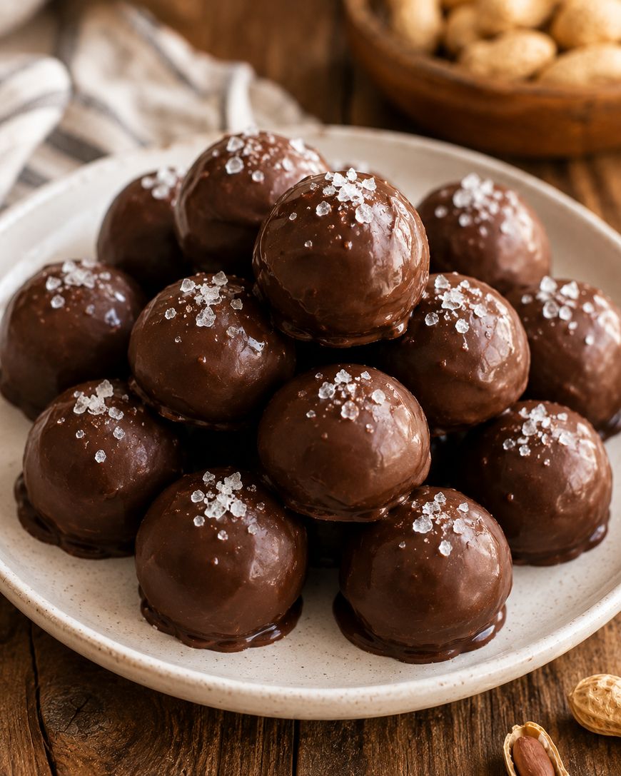 A plate stacked with round chocolate truffles, each topped with a sprinkle of coarse sea salt. The truffles have a glossy coating and are arranged on a white plate on a wooden table.