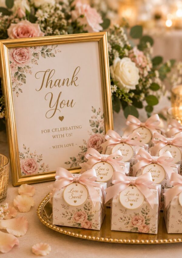 A decorative table display for a bridal shower with a framed “Thank You” sign surrounded by flowers, candles, rose petals, and floral gift boxes tied with pink ribbons—perfect for Petals and Prosecco theme ideas.