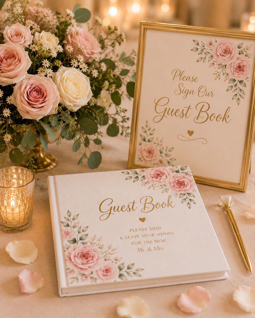 Wedding guest book table with a floral arrangement, gold-framed sign reading Please Sign Our Guest Book, a guest book with matching floral design, rose petals, a gold pen, and a lit candle on a beige tablecloth.