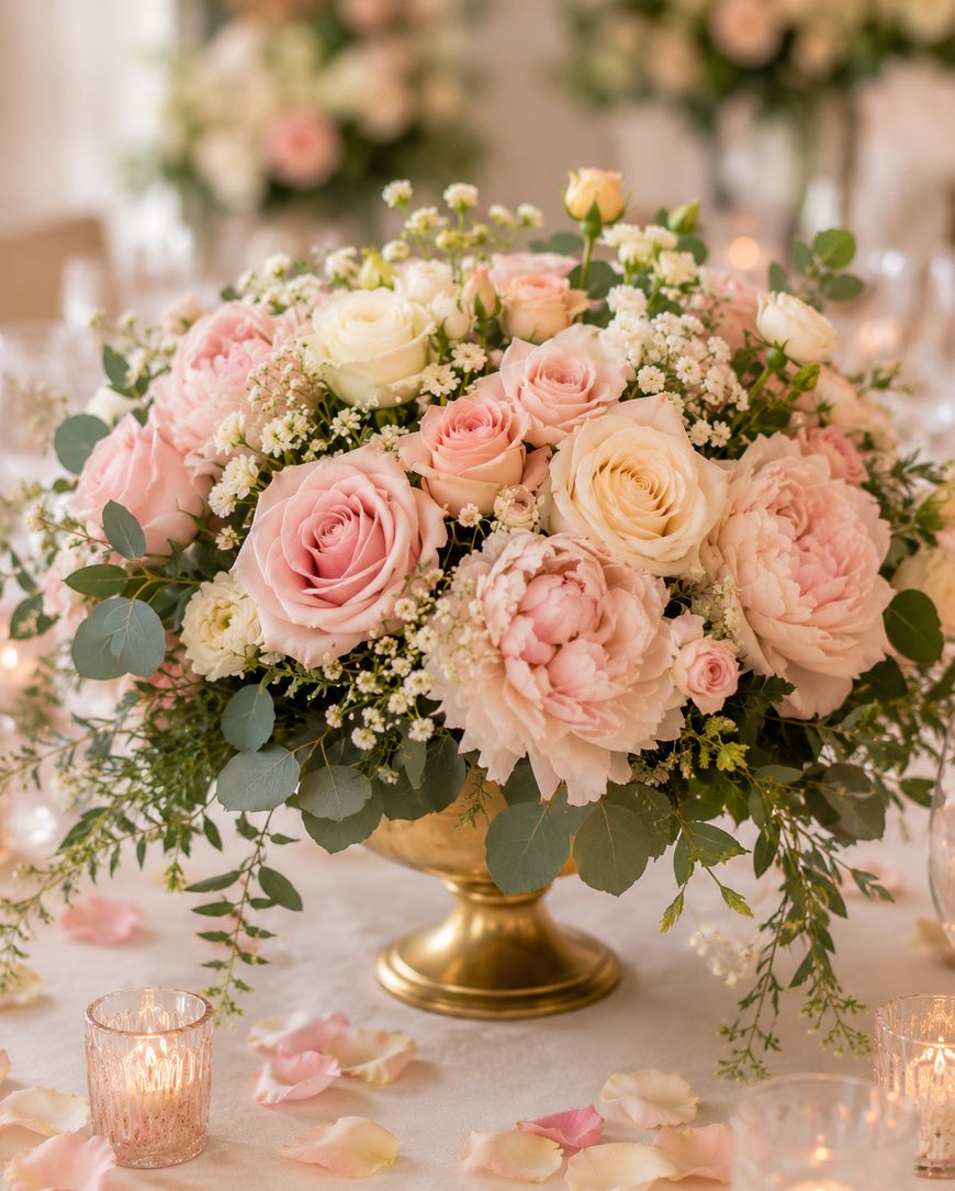 A gold vase holds a lush bouquet of pink and cream roses, peonies, and greenery. The arrangement sits on a table with scattered rose petals and small, lit candles, creating an elegant, romantic setting.