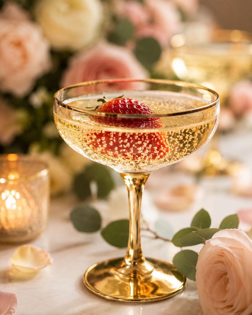 A coupe glass filled with sparkling champagne and a whole strawberry, surrounded by blush pink roses, eucalyptus leaves, and soft candlelight on a white surface.
