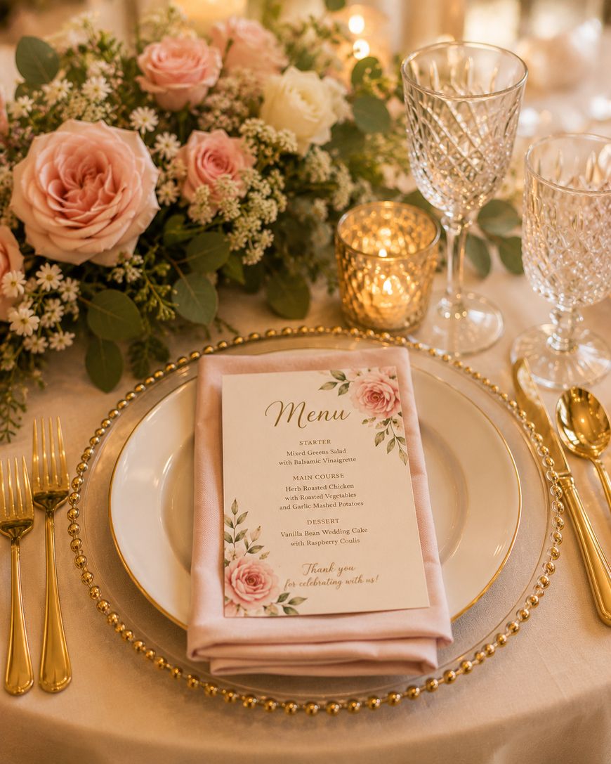 Elegant table setting with gold cutlery, a white plate with a gold beaded edge, a pink napkin, a floral menu, crystal glasses, a candle, and a floral arrangement with pink roses and greenery.