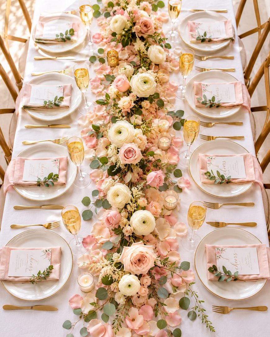 Elegant table setting with gold cutlery, white plates, pink napkins, and printed menus. A floral centerpiece of pink and white flowers and greenery runs down the center, surrounded by rose petals, candles, and champagne glasses.