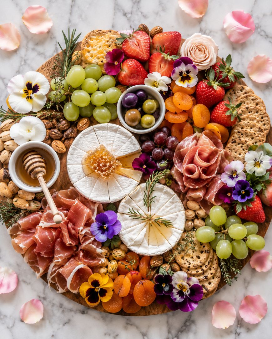 A round charcuterie board with cheeses, crackers, grapes, strawberries, dried apricots, prosciutto, nuts, honeycomb, olives, and edible flowers, arranged artfully on a marble surface with scattered rose petals.