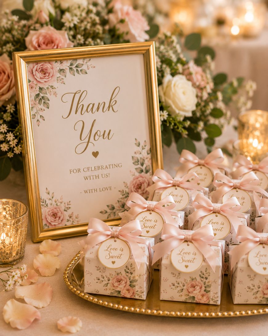 A decorative sign with floral accents reads Thank You for celebrating with us! With love next to a tray of small floral gift boxes tied with pink ribbons, surrounded by candles, flowers, and rose petals.