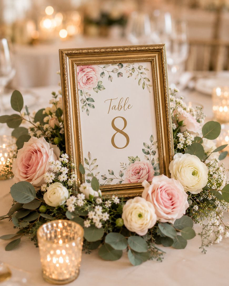 A gold-framed sign reading Table 8 is surrounded by pink and white flowers, greenery, and babys breath, with lit votive candles adding a warm glow on a decorated event table.