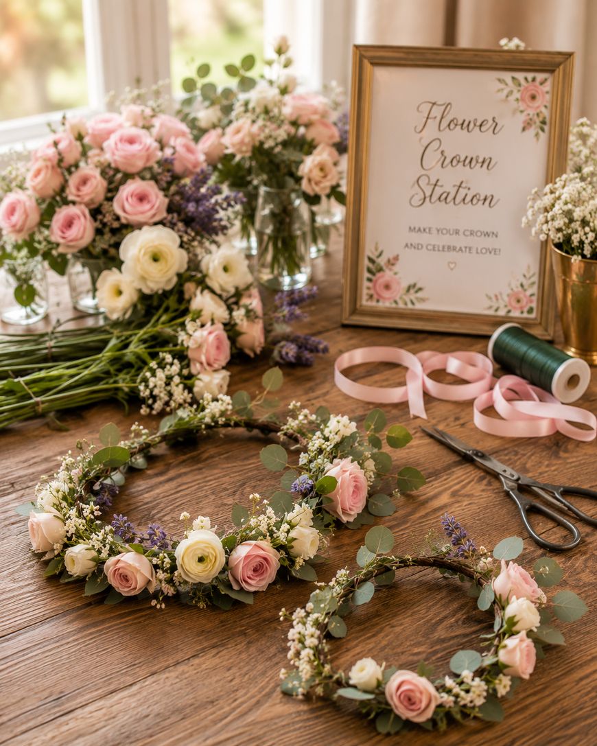A wooden table displays floral crowns made of pink and white roses, greenery, pink ribbon, scissors, and spools of wire. A framed sign reads “Flower Crown Station: Make your crown and celebrate love!”.
