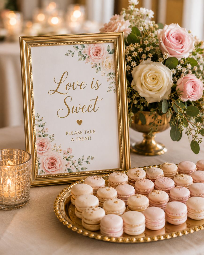 A gold-framed sign reading Love is Sweet, Please Take a Treat! sits on a table with a gold tray of pink and white macarons, a glass candle holder, and a floral arrangement of roses and greenery.
