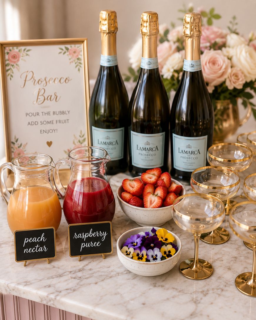 A Prosecco bar setup with bottles of La Marca Prosecco, gold-rimmed glasses, peach nectar, raspberry puree, sliced strawberries, a bowl of edible flowers, and a decorative sign, surrounded by flowers.