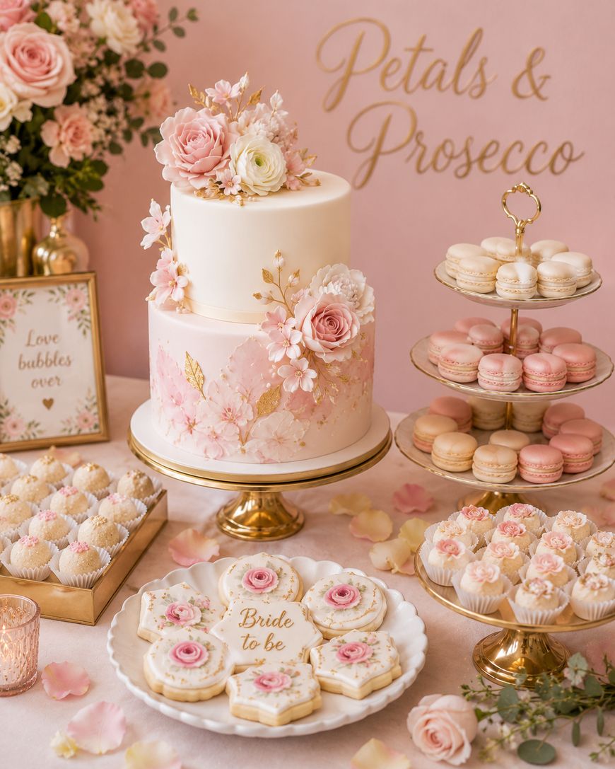 A pink and white floral-themed dessert table with a decorated cake, assorted macarons, cookies reading “Bride to be,” and various sweets, set against a backdrop reading “Petals & Prosecco.”.
