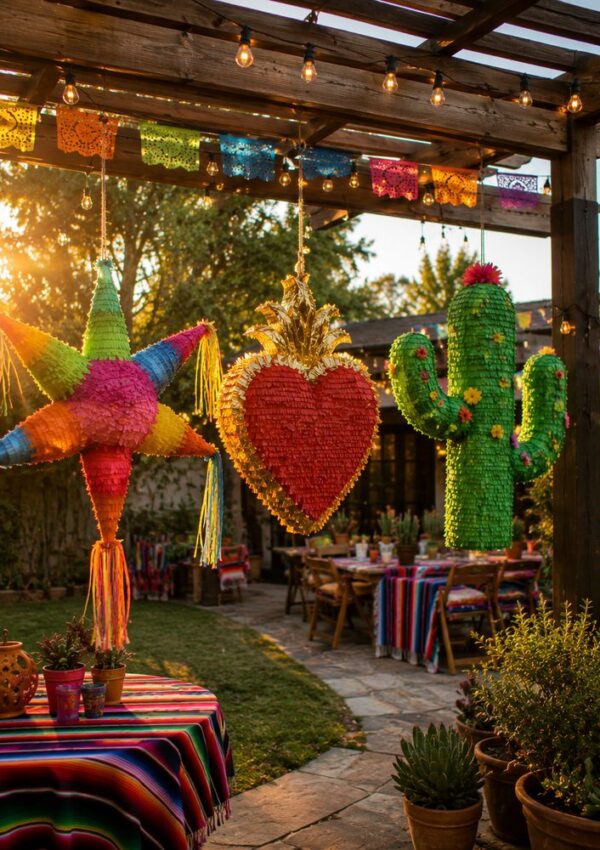 Three colorful piñatas—a star, a heart, and a cactus—hang from a pergola decorated with papel picado banners at an outdoor party, offering fun piñata ideas for any age group amid string lights, festive tables, and balloons at sunset.