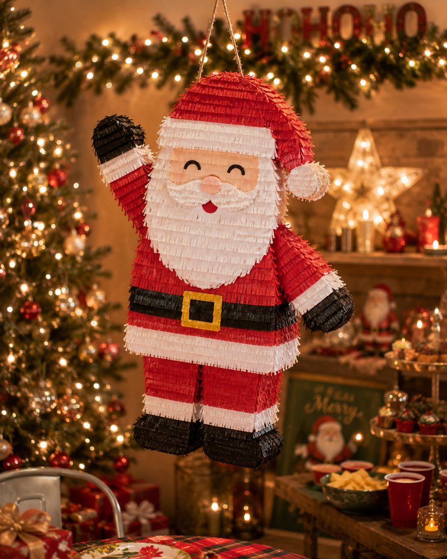 A festive Santa Claus piñata hangs in a warmly decorated Christmas room with a lit tree, garlands, and holiday treats on a table in the background.
