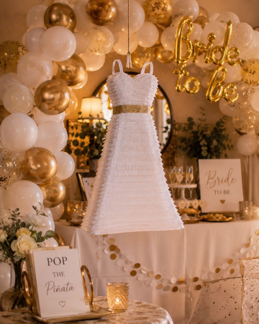 A bridal shower setup featuring a white dress-shaped piñata hanging in front of gold and white balloons, with a Bride to Be sign in the background and elegant decorations on the table.