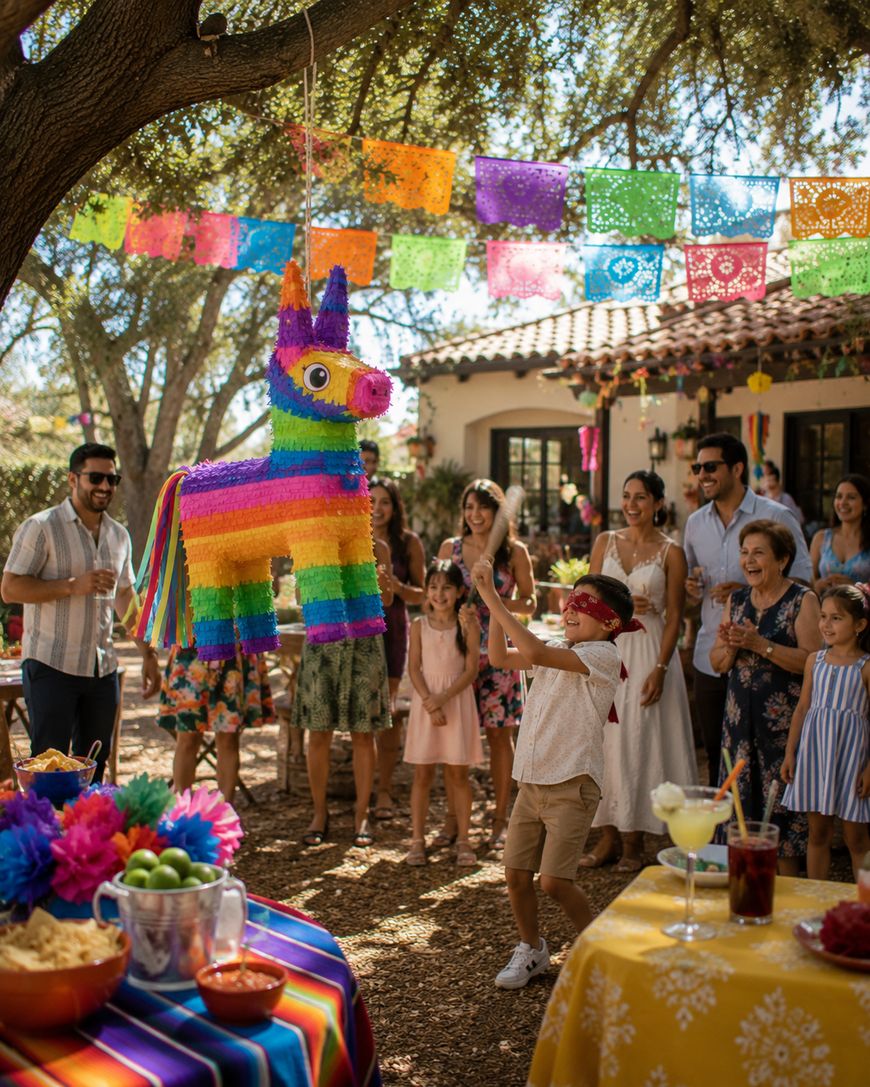 A group of people at an outdoor party watch a blindfolded child try to hit a colorful rainbow piñata. Festive papel picado banners hang above, and tables with food and drinks are in the foreground.
