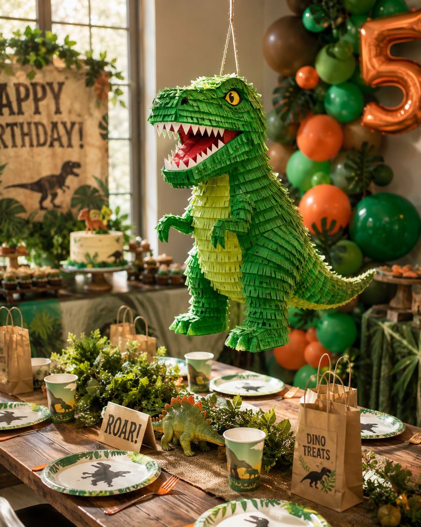 A green dinosaur piñata hangs above a birthday party table decorated with jungle-themed cups, plates, a ROAR! sign, dino treat bags, and greenery. In the background are balloons and a Happy Birthday banner with dinosaurs.