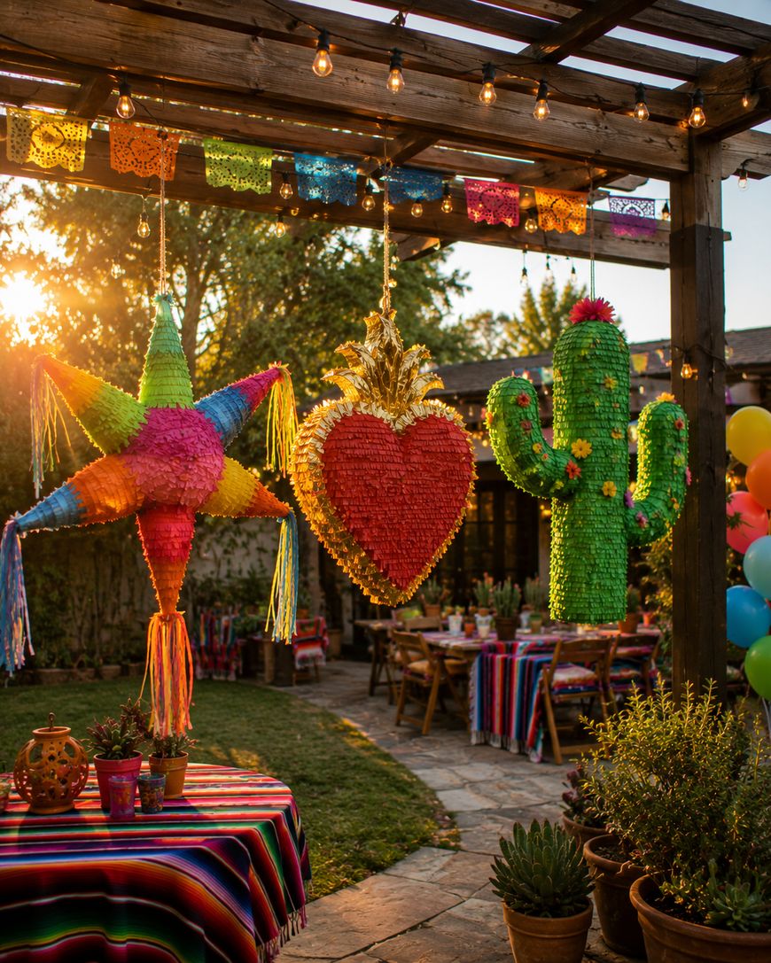 Colorful star, heart, and cactus piñatas hang under a pergola decorated with string lights and papel picado. Tables with striped cloths and balloons set a festive outdoor party atmosphere at sunset.