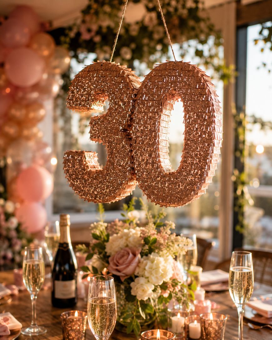 Large gold “30” decoration hangs above a table set with champagne glasses, flowers, candles, and a bottle of champagne. Pink and gold balloons and greenery decorate the sunlit, festive room.