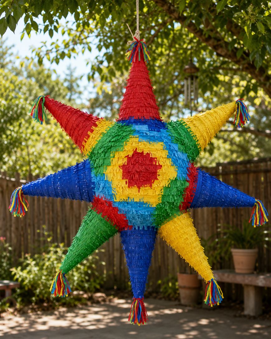 A colorful, seven-pointed traditional piñata with red, yellow, green, and blue sections hangs outdoors under trees in a sunny garden.