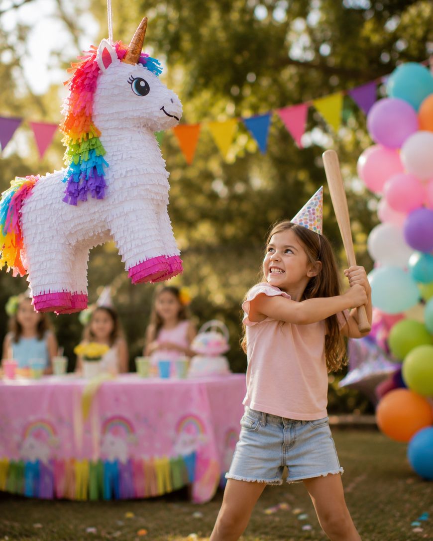 A young girl wearing a party hat smiles and prepares to hit a colorful unicorn piñata with a stick at an outdoor party. Balloons, bunting, and a decorated table with children are in the background.