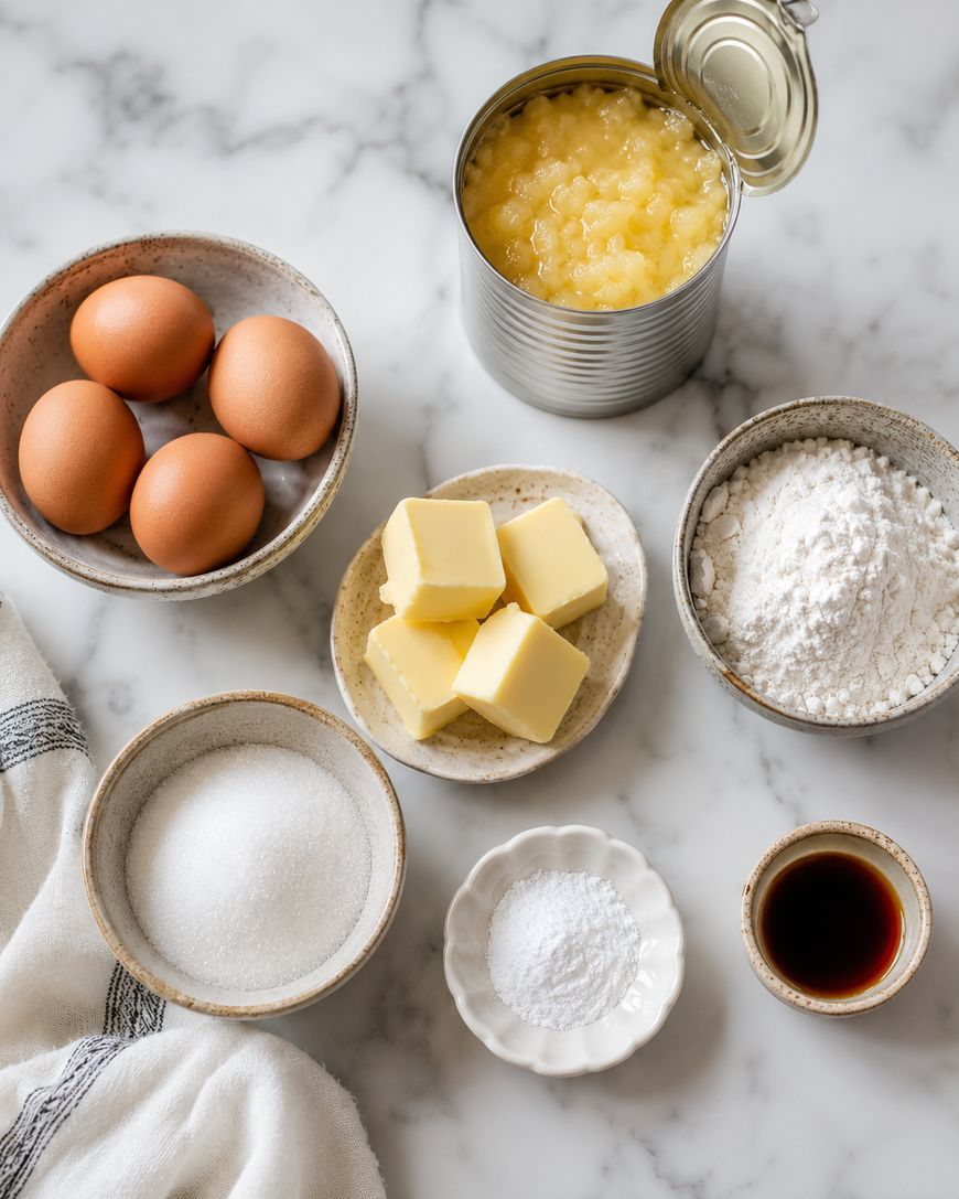 A marble countertop with bowls containing eggs, sugar, flour, butter, vanilla extract, salt, and an open can of crushed pineapple. A striped kitchen towel is partially visible on the side.