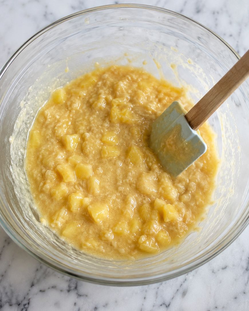 A glass bowl filled with a chunky yellow banana mixture being stirred with a light blue spatula, placed on a white marble surface.