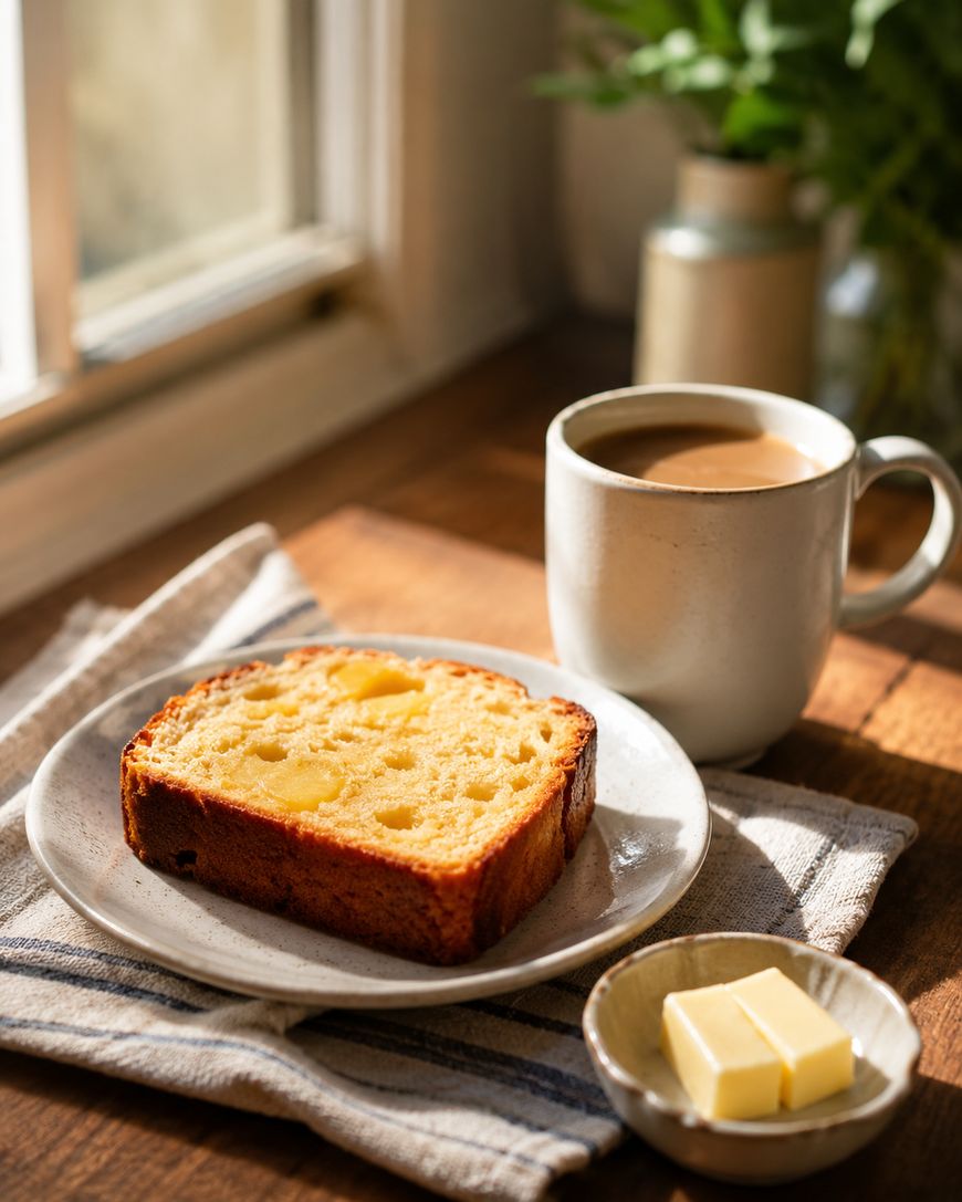 A slice of pound cake with a pat of butter sits on a plate next to a cup of coffee and a small bowl with more butter, all on a striped cloth by a sunny window.