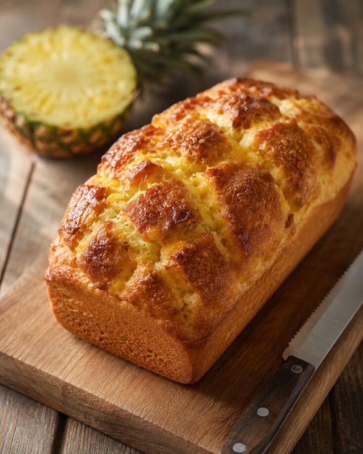 A golden-brown loaf of pineapple bread sits on a wooden cutting board next to a serrated knife, with a sliced pineapple in the background.