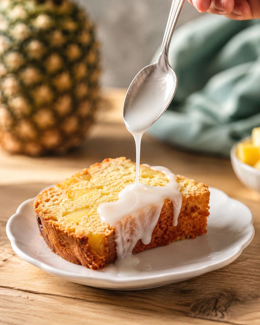 A hand pours white icing from a spoon onto a slice of pineapple cake on a white plate, with a whole pineapple and a blue cloth in the background.