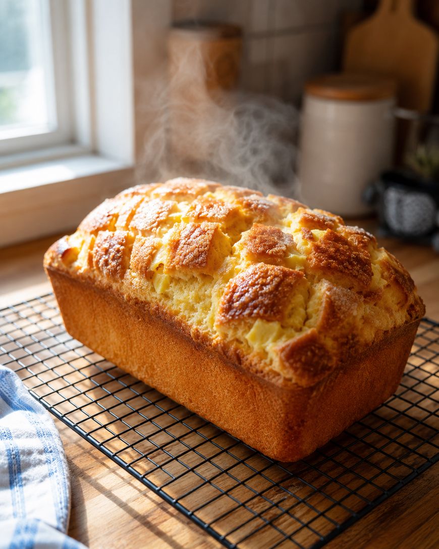 A freshly baked loaf of bread with a golden, crispy crust sits on a cooling rack, steam rising from it. The bread is in a sunlit kitchen near a window, with kitchen utensils and a towel nearby.