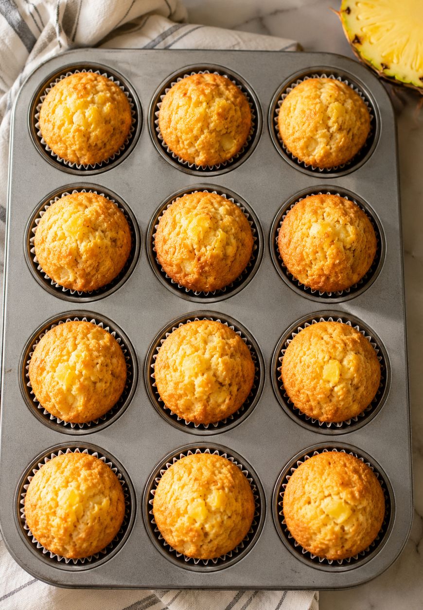 A muffin tin filled with twelve golden-brown muffins, each in a paper liner, sits on a marble surface with a striped towel nearby and a slice of pineapple partially visible in the corner.