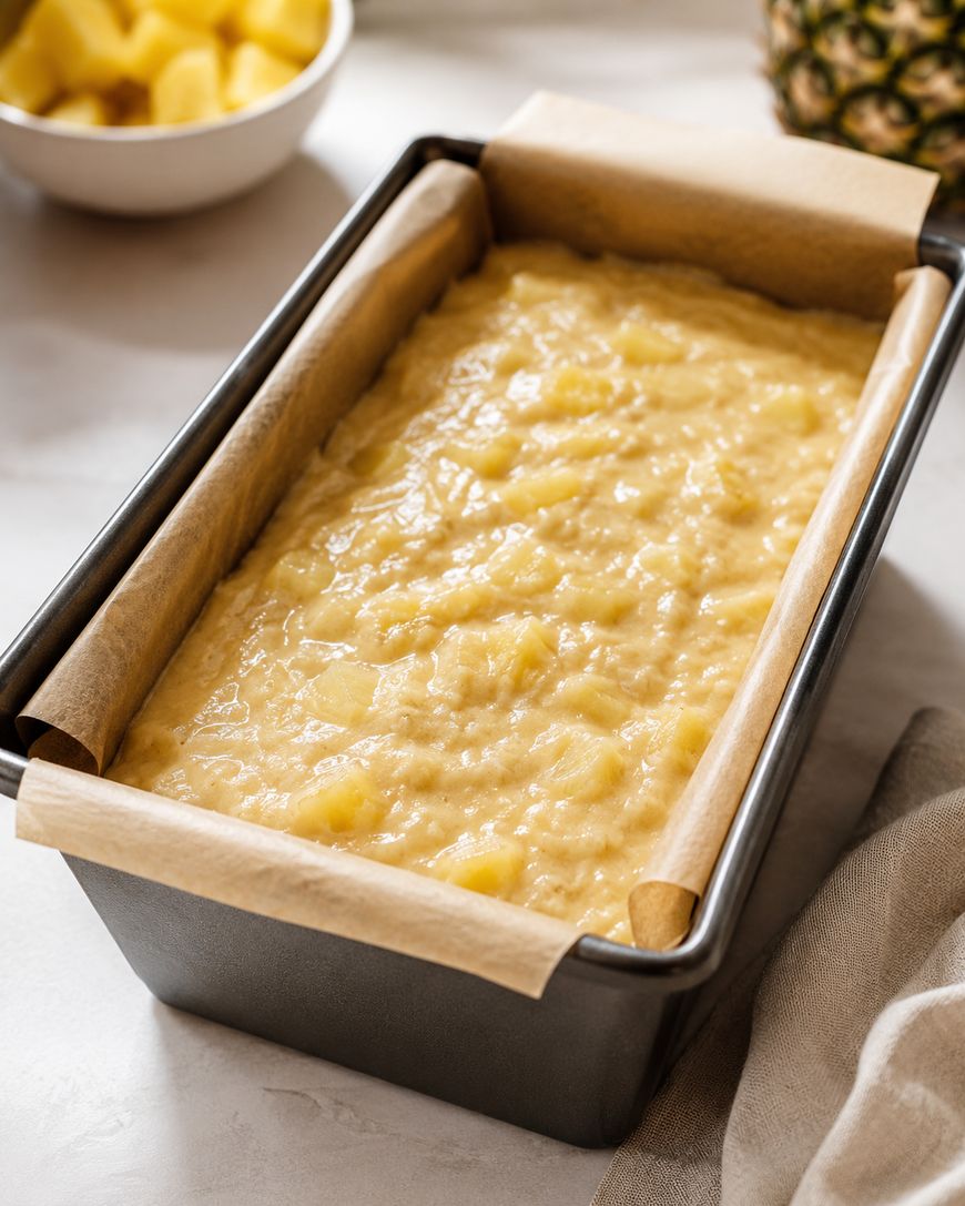 A loaf pan lined with parchment paper filled with unbaked pineapple bread batter, sitting on a light countertop with a bowl of pineapple chunks in the background.