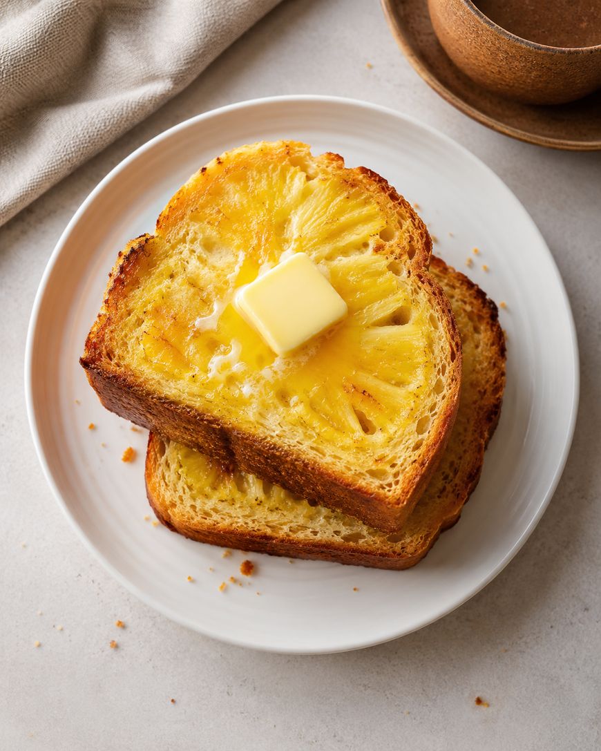 Two slices of toasted bread are stacked on a white plate, with a melting pat of butter on the top slice. The bread appears golden and slightly textured. A beige cloth and a brown cup are in the background.