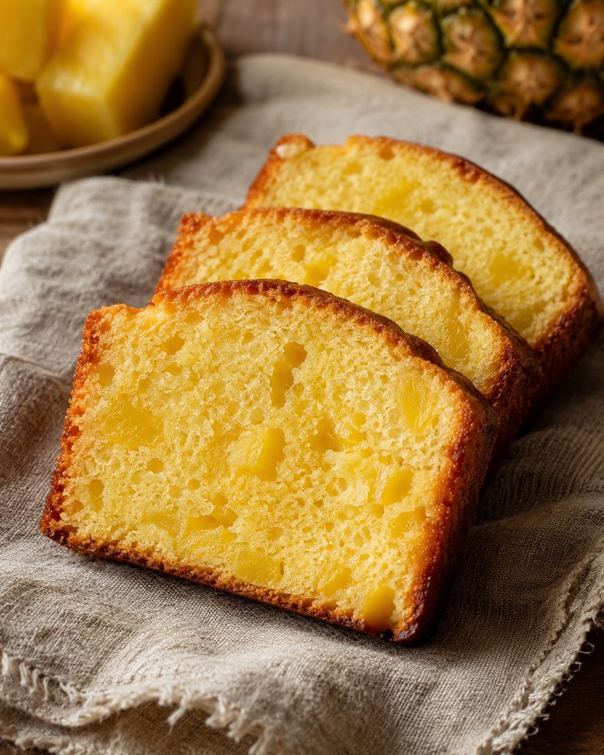Three slices of moist pineapple cake with visible pineapple chunks, arranged on a beige cloth napkin with a bowl of pineapple pieces and a whole pineapple in the background.