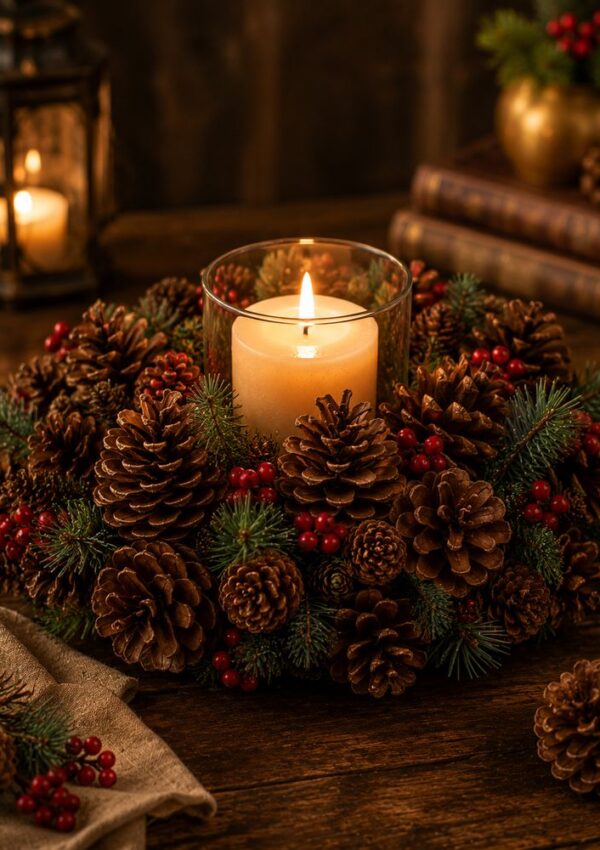 A lit candle sits in a glass holder, surrounded by a festive wreath of pinecones, evergreen sprigs, and red berries—perfect inspiration for winter crafts—on a wooden table with a lantern, books, and more pinecones in the background.