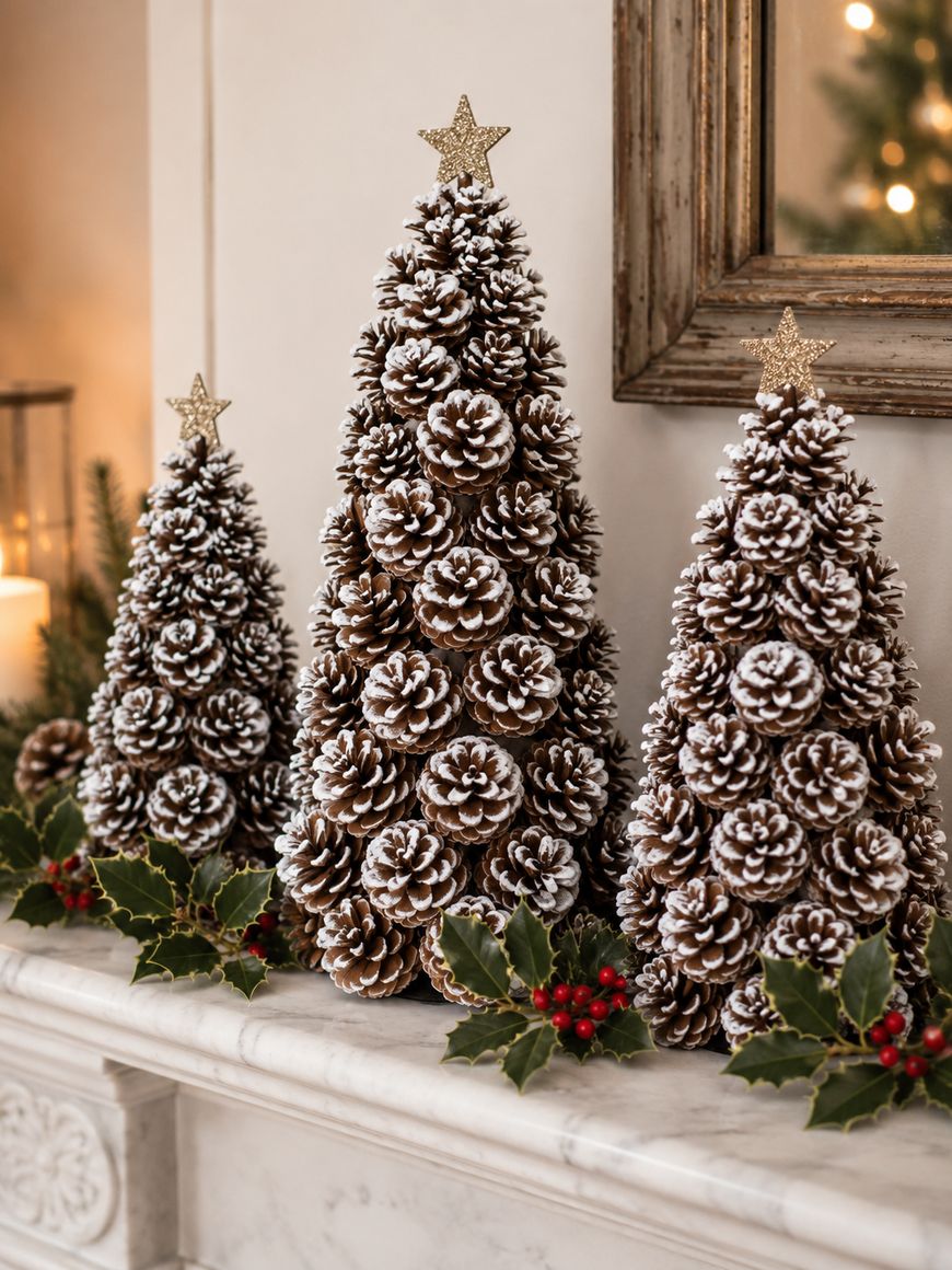 Three decorative Christmas trees made of pinecones, dusted with fake snow, and topped with gold stars sit on a mantel, surrounded by holly leaves and red berries. A soft, warm light glows in the background.