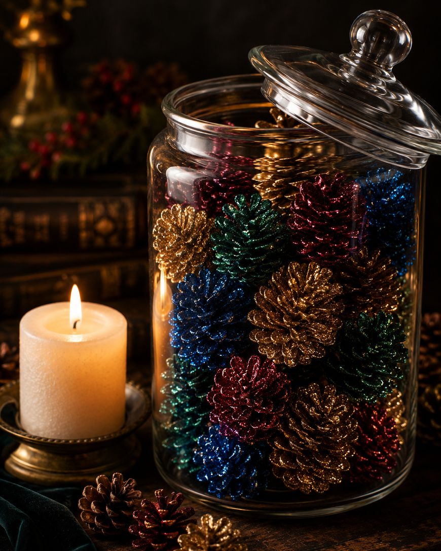 A glass jar filled with colorful, glittery pinecones sits next to a lit white candle on a brass holder, with festive decorations and old books in the background.
