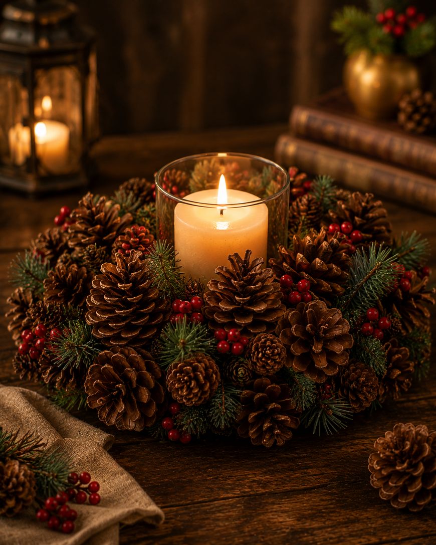 A lit candle sits in a glass holder, surrounded by a wreath of pinecones, evergreen branches, and red berries on a wooden table. A lantern, books, and more pinecones decorate the cozy, rustic background.