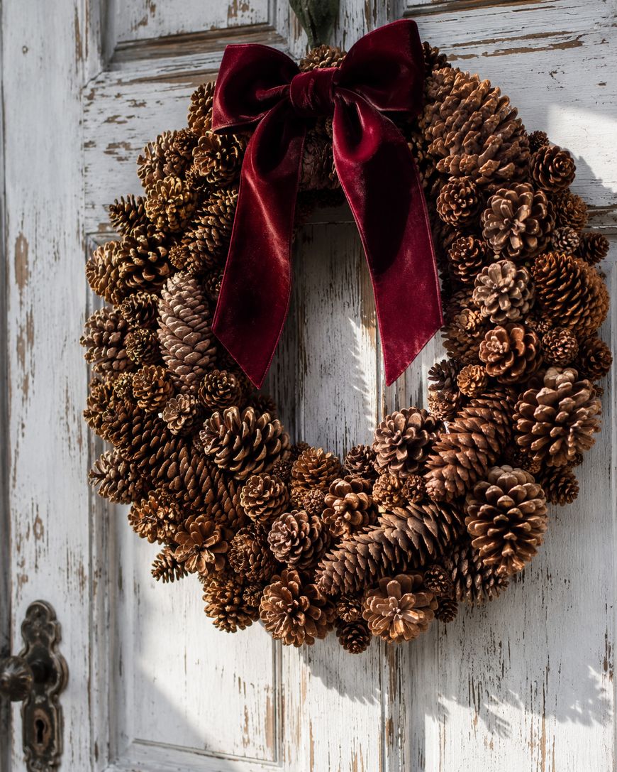 A decorative wreath made of pinecones and adorned with a large burgundy velvet bow hangs on a weathered, white wooden door.