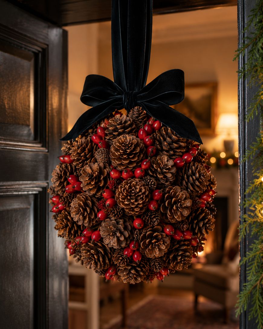 A large, round ornament made of pinecones and red berries, tied with a black velvet ribbon, hangs on a door. A warmly lit living room with a fireplace is visible in the background.