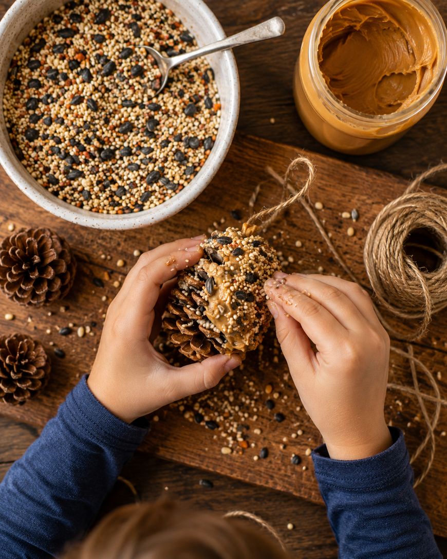 A child’s hands spread peanut butter on a pinecone and roll it in birdseed. A jar of peanut butter, a bowl of birdseed, pinecones, and twine are on a wooden table, suggesting a homemade bird feeder craft.