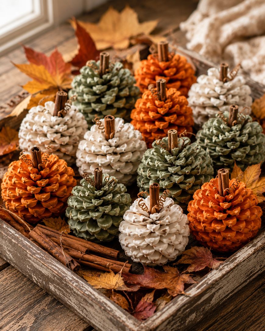 A rustic wooden tray holds painted pine cones in orange, green, and white, each with a cinnamon stick stem, surrounded by autumn leaves and cinnamon sticks, creating a cozy fall decoration.