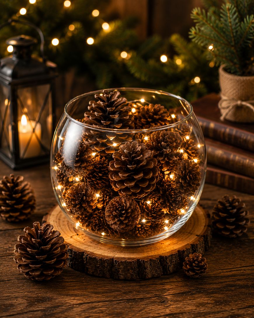A glass bowl filled with pinecones and glowing string lights sits on a wooden coaster, surrounded by pinecones, books, a lantern, and holiday greenery with fairy lights in a cozy, rustic setting.