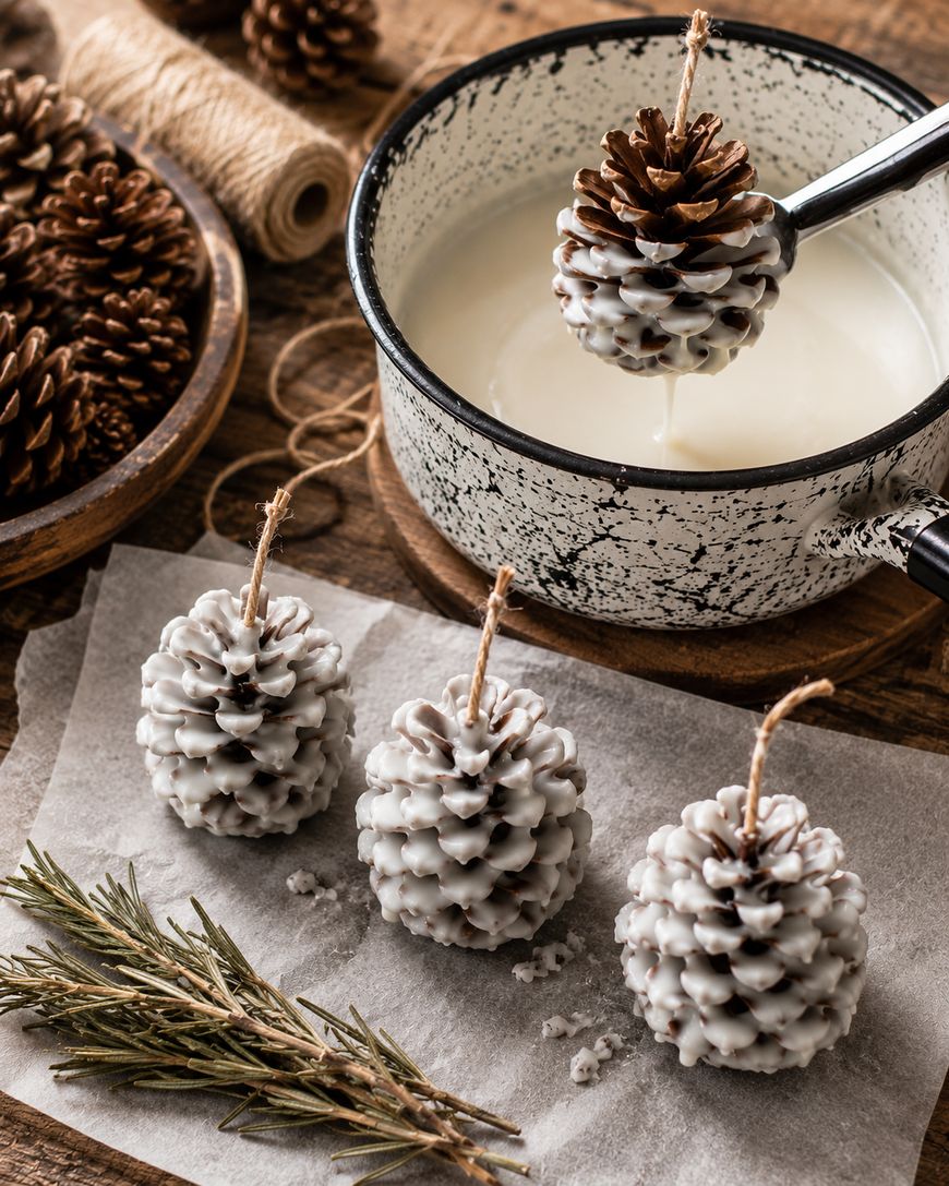 Three pinecones coated in white wax with wicks are set on parchment paper. One pinecone is being dipped in wax with tongs over a speckled pot. A bowl of pinecones and a sprig of rosemary are nearby.